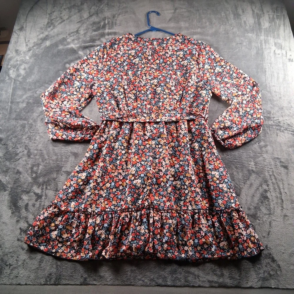 NWT Cupshe Floral Mini Dress Womens XL Multicolor V-Neck Long Sleeve Ruffle Hem